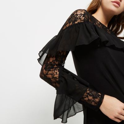 Black lace frill sleeve dress